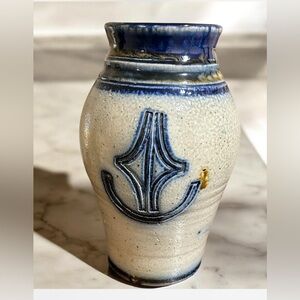 Vintage Salt Glazed Stoneware Vase Cobalt Blue Inset Design Pottery
